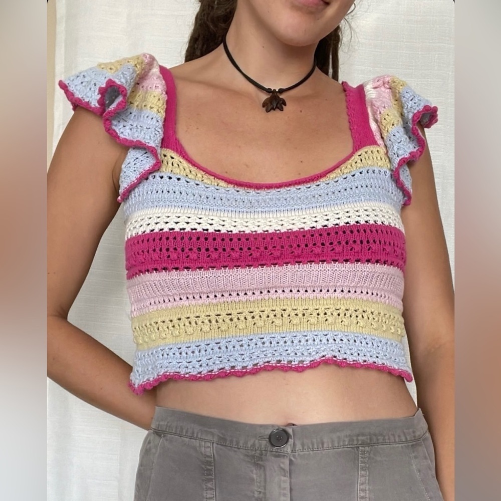 Sincerely Jules Boho Rainbow Stripe Crochet Flutter Sleeve Crop Top Size Small